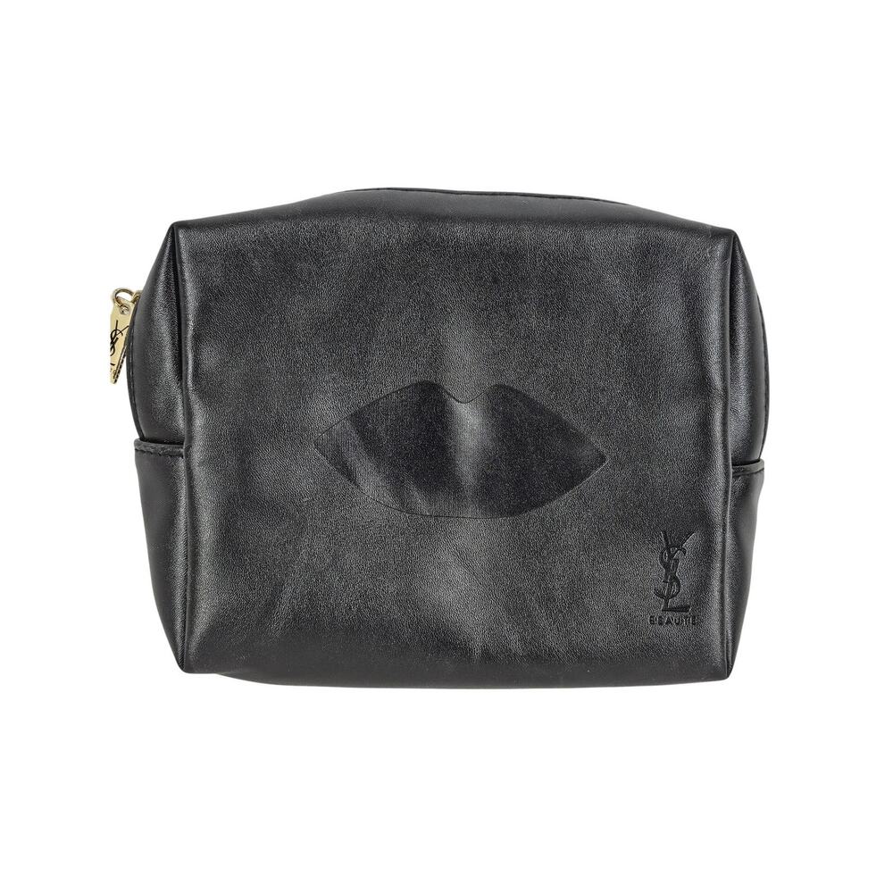 YSL BEAUTY MAKEUP BAG – BLACK LEATHER – GOLD ZIPPER – RARE EMBOSSED LIP DETAIL